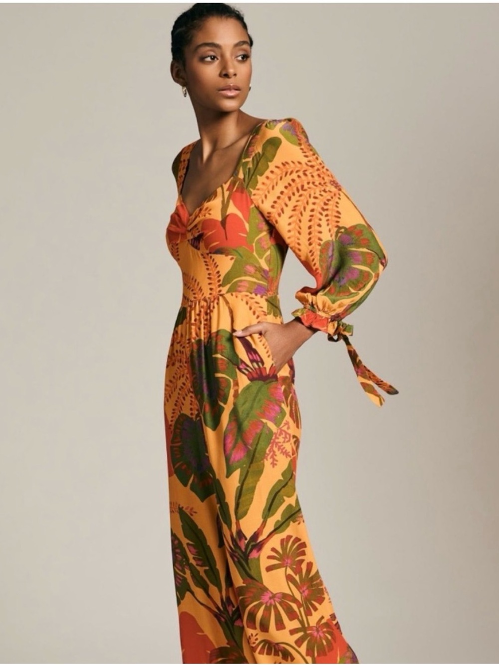 FARM Rio X Anthropology Vibrant Orange Tropical Sweetheart Jumpsuit Size L